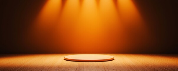 Wall Mural - A circular podium illuminated by warm orange lights against a dark backdrop, creating a dramatic stage setting.