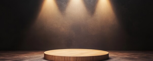 Wall Mural - A circular wooden stage illuminated by three spotlight beams, set against a dark background, creating a dramatic presentation space.