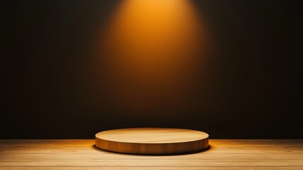 Wall Mural - A simple wooden podium illuminated by warm lighting, set against a dark backdrop, creating an inviting presentation space.