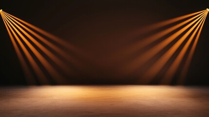 Wall Mural - A dark stage illuminated by warm, golden spotlights, creating a dramatic atmosphere perfect for performances or presentations.