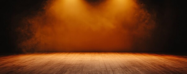 Wall Mural - A dimly lit stage with warm orange lights and a wooden floor, creating an inviting atmosphere for performances.