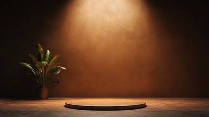 Wall Mural - A minimalist stage with a spotlight and a potted plant, set against a textured brown wall, creating a serene atmosphere for presentations or performances.