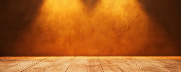 Wall Mural - A warm, illuminated stage with a wooden floor, featuring soft lighting focused on a textured, orange backdrop.