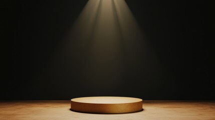 Wall Mural - A circular wooden stage is illuminated by a spotlight in a dark setting, creating a dramatic atmosphere for performances or presentations.