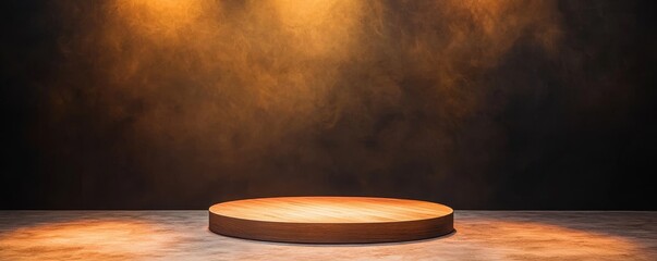 Wall Mural - A circular wooden platform illuminated by warm lights, surrounded by a smoky atmosphere, creating a dramatic stage effect.
