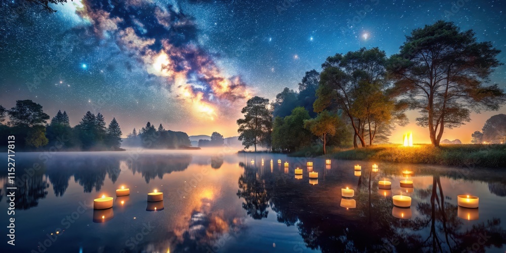 Glowing misty lake under starry night sky with floating candles and ...