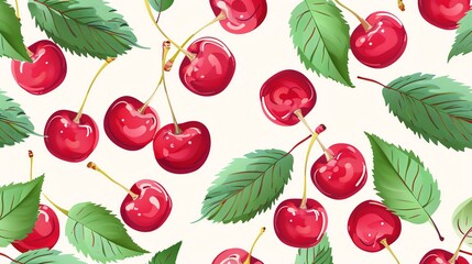 Wall Mural - A seamless pattern of cherries and leaves on a white background.