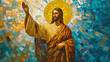 © Thiago - Mosaic of jesus standing tall with a hand raised in blessing, his face calm and serene, golden halo radiating light, vibrant blue and gold tiles adorning his robe,. Aureole. Illustration