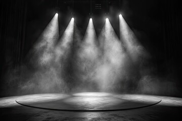 A stage with spotlight illuminated, stage light background, stage lighting effect, black and white