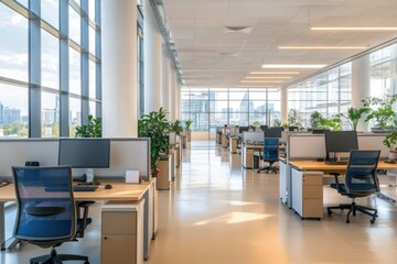 Modern, bright office space with workstations, large windows, and city view.