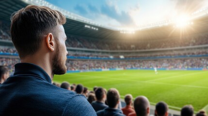 Wall Mural - Spectator Enjoying Live Soccer Match at Stadium with Bright Lights and Energetic Crowd Atmosphere