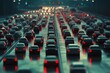© tolem929 - Night traffic jam on a wet highway, numerous cars with red taillights visible.