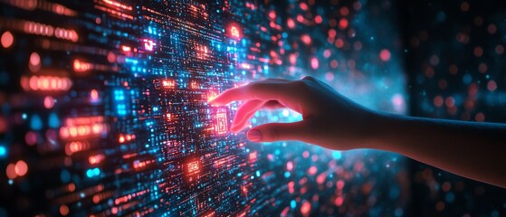 A hand reaching for a glowing digital screen filled with cascading code and data