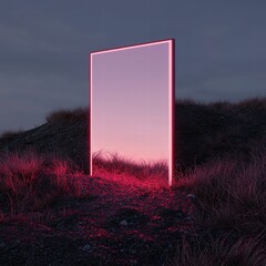 Canvas Print - A glowing pink mirror in a grassy landscape.