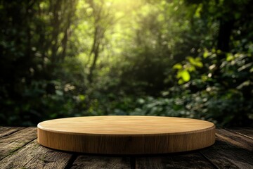 Wooden round platform on rustic table with blurred forest background. (1)