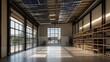 © Ari - A minimalist, eco-friendly warehouse with solar panels on the roof, reclaimed wood shelving, and energy-efficient lighting