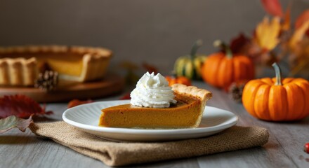 Wall Mural - Slice of pumpkin pie with cream, autumn setting