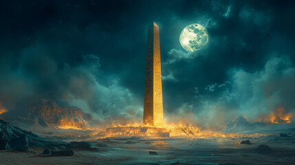 Wall Mural - Hieroglyph-covered obelisk glowing faintly under the light of a full moon surrounded by atmospheric clouds
