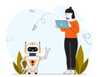 © Aleksey - Remote control of robot. Woman with tablet near robot. Artificial Intelligence and machine learning. Bot and helper. Modern technologies and innovations. Linear vector illustration