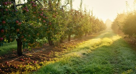 Wall Mural - Serene orchard with apple trees bathed in morning sunlight