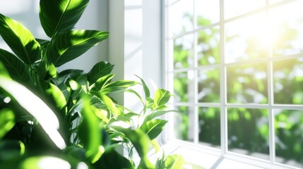 Wall Mural - Sunlight illuminating lush green houseplants near window.