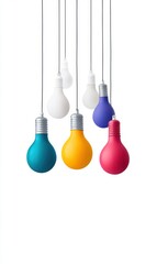 Wall Mural - Colorful pendant light bulbs hanging against a clean white background for modern interior design inspiration