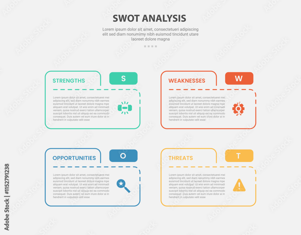 SWOT analysis infographic outline style with 4 point template with box ...