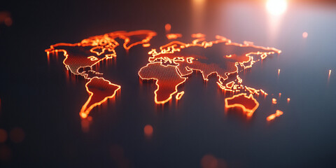 Abstract glowing map of world with CO emission hotspots, showcasing intricate details and vibrant colors, highlighting environmental concerns and global awareness