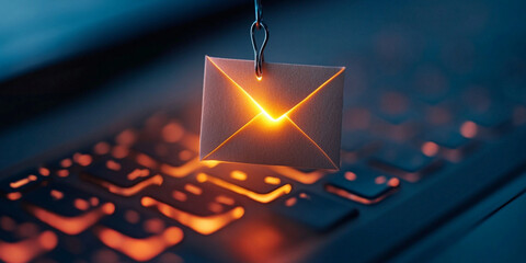 Close up of fishing hook piercing glowing paper envelope on keyboard, symbolizing digital communication and connection. warm light adds captivating touch