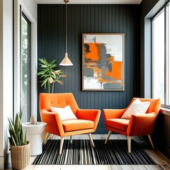 mid-century modern living room, orange velvet sofa, wooden ceiling beams, white brick wall, minimalist decor, cozy armchair, round coffee table, floor lamp, potted plant, natural light, warm tones, te