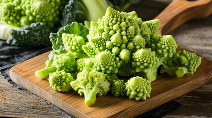 Close up sliced Romanesco broccoli on wooden board