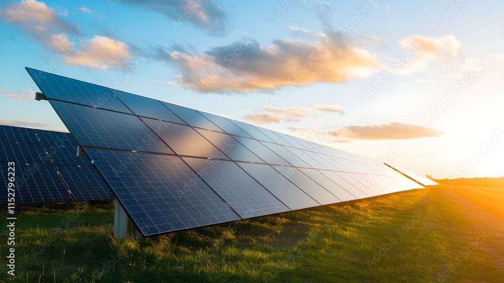 Solar Panels in a Field at Sunset Capturing Renewable Energy Stock ...
