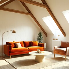 mid-century modern living room, orange velvet sofa, wooden ceiling beams, white brick wall, minimalist decor, cozy armchair, round coffee table, floor lamp, potted plant, natural light, warm tones, te