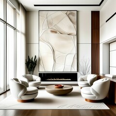 modern minimalist living room, large abstract geometric artwork, white curved armchairs, round wooden coffee table, floor-to-ceiling windows, warm wood paneling, neutral color palette, clean lines, so