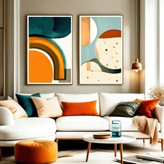 Abstract geometric art, mid-century modern style, teal and orange color palette, curved shapes, minimalist composition, living room decor, framed canvas prints, white sofa, orange ottoman, pendant lig