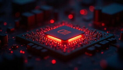 Wall Mural - ai chip on circuit board red glowing technology closeup