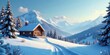 © yut - Serene winter landscape showcasing a cozy log cabin nestled amidst snow-covered evergreen trees and majestic snowcapped mountains under a brilliant, clear sky