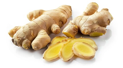 Fresh ginger lying gracefully on a clean white background, Its natural shape and texture vividly shown, Ideal for various culinary or decorative uses, A simple yet appealing display of ginger.