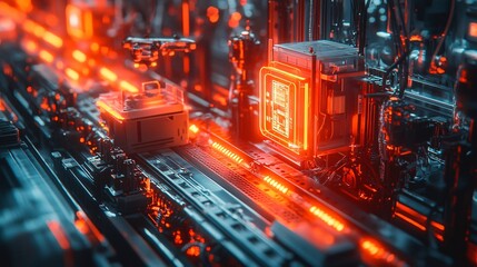 Wall Mural - futuristic tech red neon glowing circuit board computer hardware abstract background