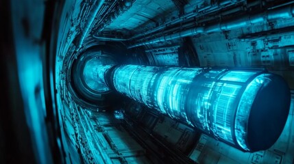 Wall Mural - futuristic cylindrical structure with glowing data streams inside a dark tunnel.