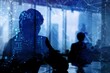 © M - A double exposure of an office team in silhouette of glowing light dot background