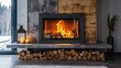 © Jumaria - Modern fireplace with burning wood, candles, and stacked logs.