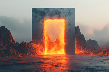 Wall Mural - Abstract Volcanic Landscape, Stone Gateway to Fiery Inferno,  Surreal Digital Art of a Burning Portal in a Rocky Terrain