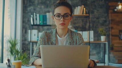 Wall Mural - Businesswoman Working on Laptop in Modern Office Environment