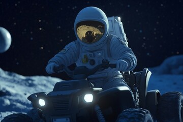 Wall Mural - a man in a spacesuit is driving a small vehicle on a snowy surface