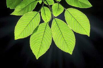 Wall Mural - Bright green leaves with intricate veins against dark background, showcasing nature beauty and detail