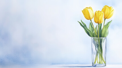 Canvas Print - Bright yellow tulips in clear vase against soft blue background evoke cheerful atmosphere