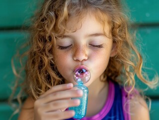 Canvas Print - Child blowing bubbles with a wand. AI.