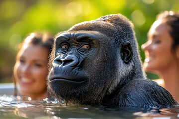 Poster - Gorilla enjoying a cool swim. AI.