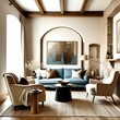 © KenPix - Cozy living room, vaulted ceiling with wooden beams, exposed brick wall, arched windows, blue velvet sofa, curved cream armchairs, minimalist coffee table, neutral color palette, natural light, textur